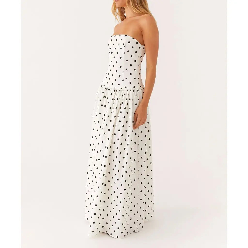 Strapless Dot/Floral Print Pleated Tube Long Dress - A-Line Fit