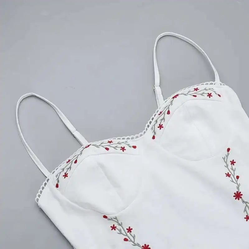White Floral Embroidered Midi Bustier Dress
