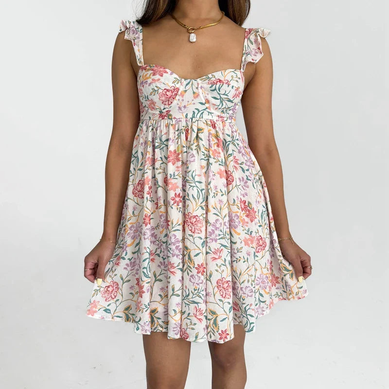 Floral/Solid Frill Strap Flowy Mini Dress
