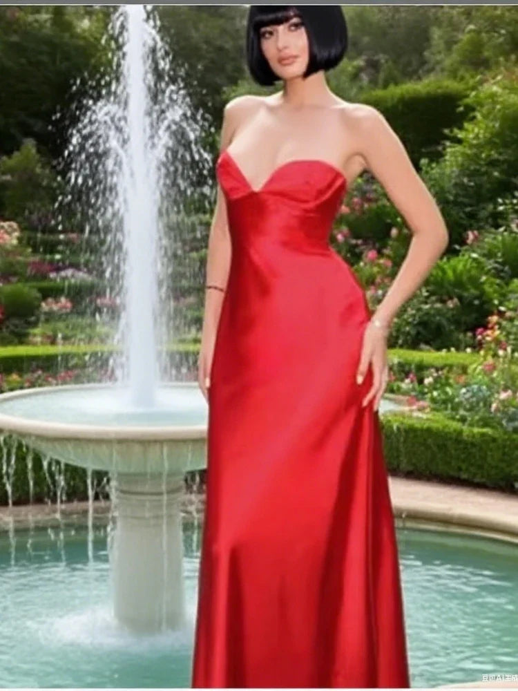 Satin Solid V-neck Strap Maxi Dress