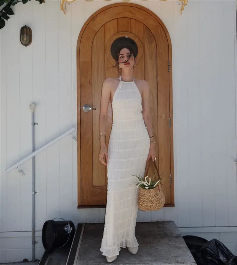 Halter Textured Open Back Maxi Dress