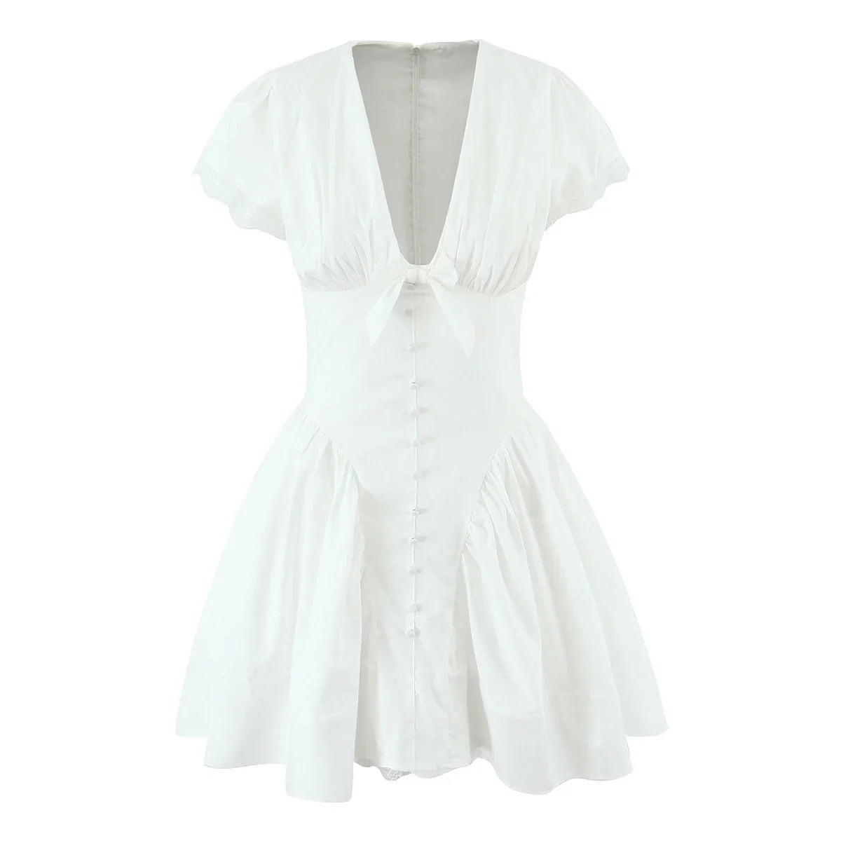 White Bow Deep V Neck Short Sleeve Mini Dress
