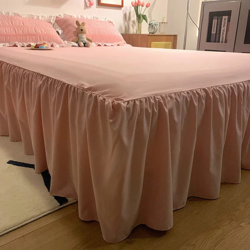 Pink Ruffled Seersucker Duvet Cover Set 3/4pcs Soft Lightweight Down Alternative Grey Bedding  with Bed Skirt and Pillowcases