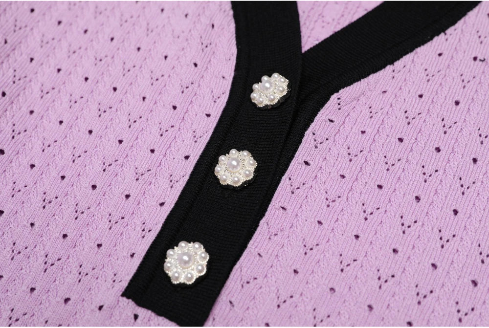 Contrast Trim Button Knit Collar Mini Dress