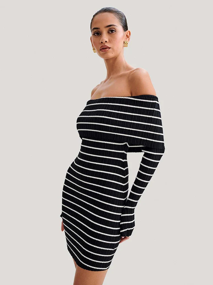 Striped Long Sleeve Knit Off-Shoulder Mini Dress