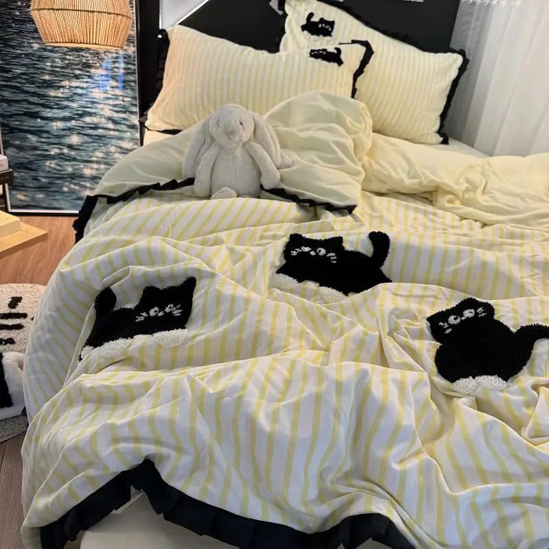 Pink Striped Cat Embroidery Bedding Set Korean Style Washing Cotton Cute Cardboard Duvet Cover Bed Sheet Pillowcases 3/4pcs
