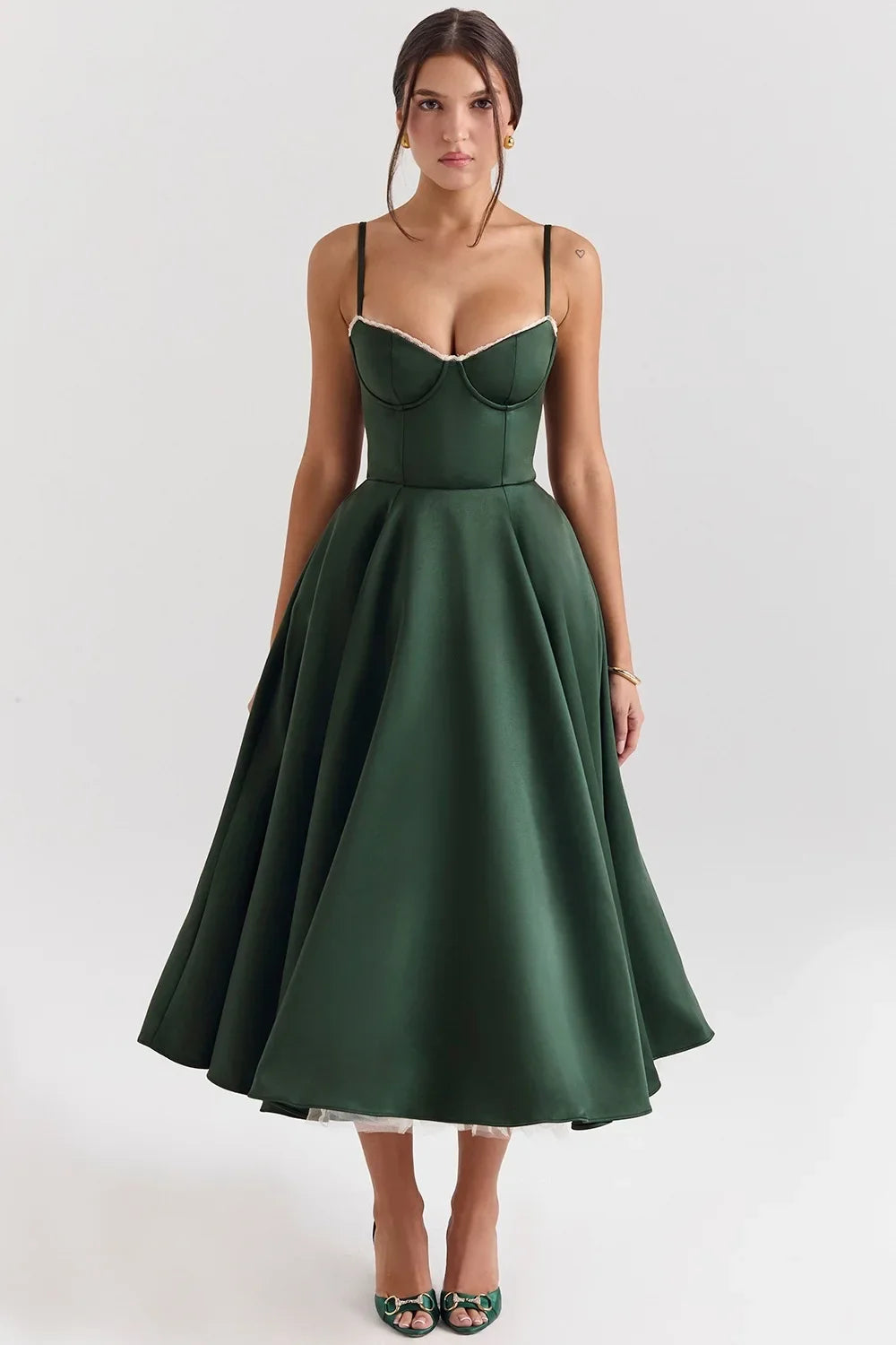 Satin Bustier Strap Tulle Midi Dress