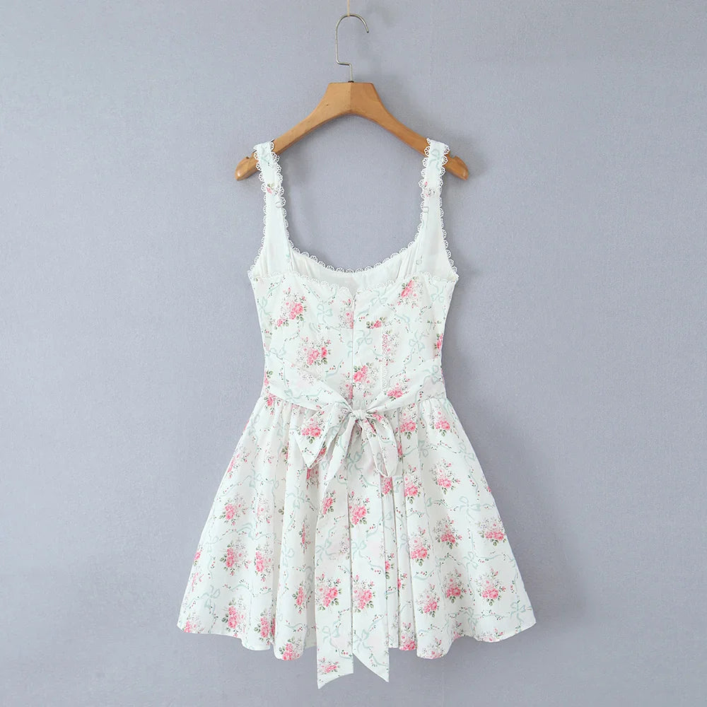 White Floral Print Back Tie Flare Mini Dress - Casual Loose Fit