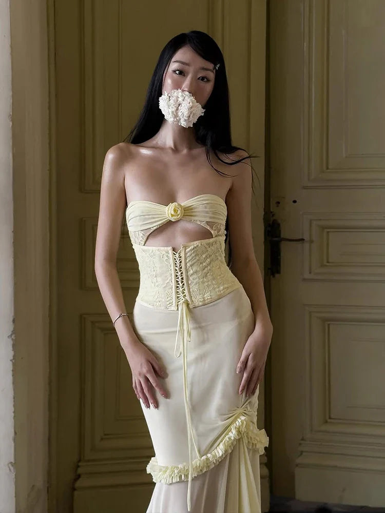 Strapless Cut Out Mesh Corset Ruffles Maxi Dress