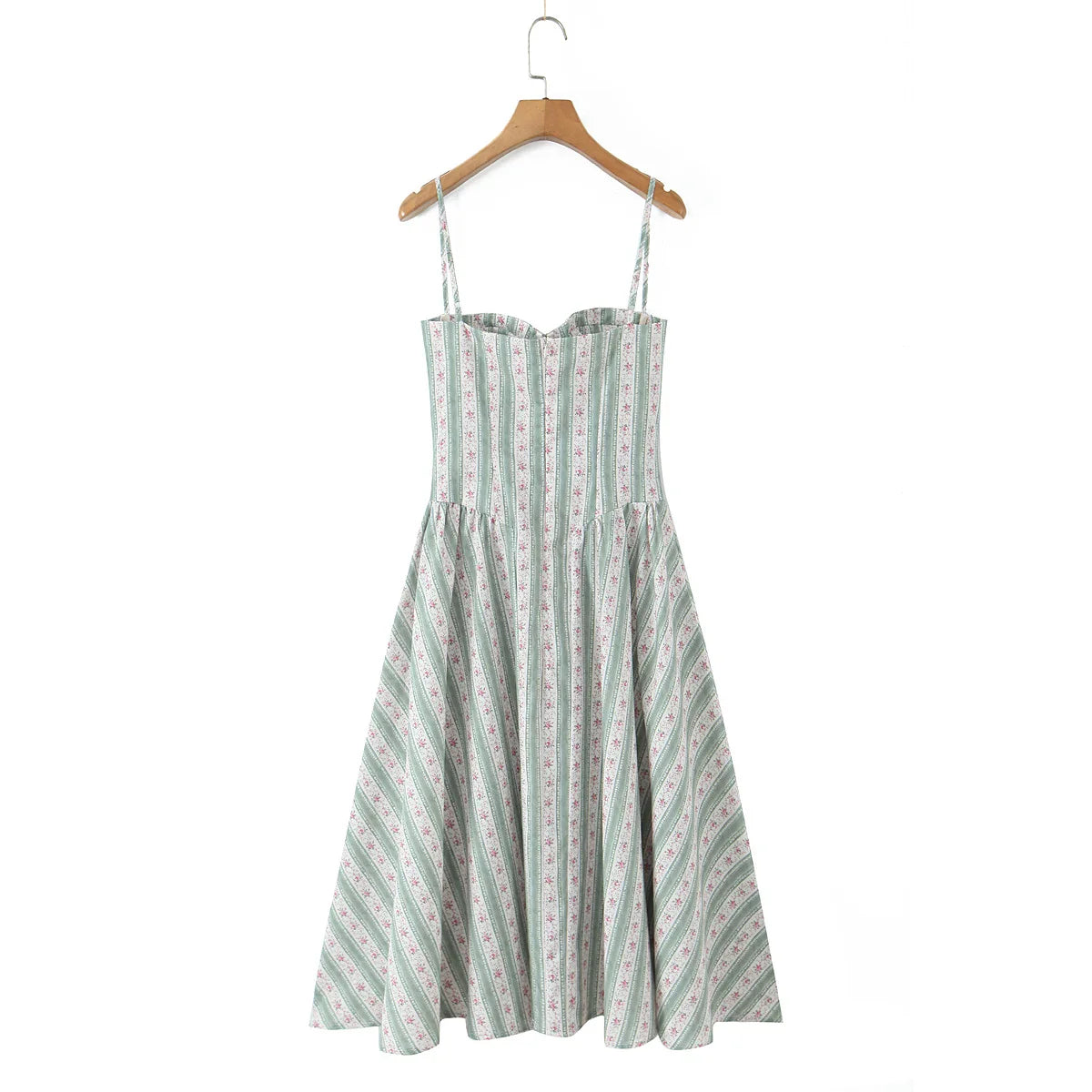 Green Striped Floral Print Corset Style Midi Dress - Sweet Fit & Flare