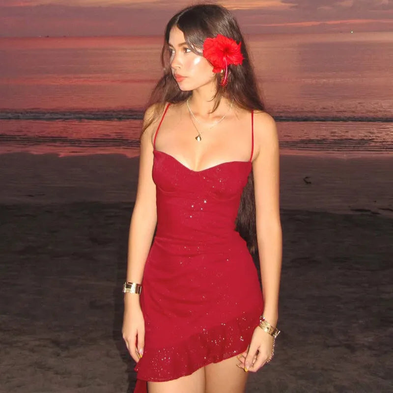 Red Sequin Ruffle Cami Mini Dress