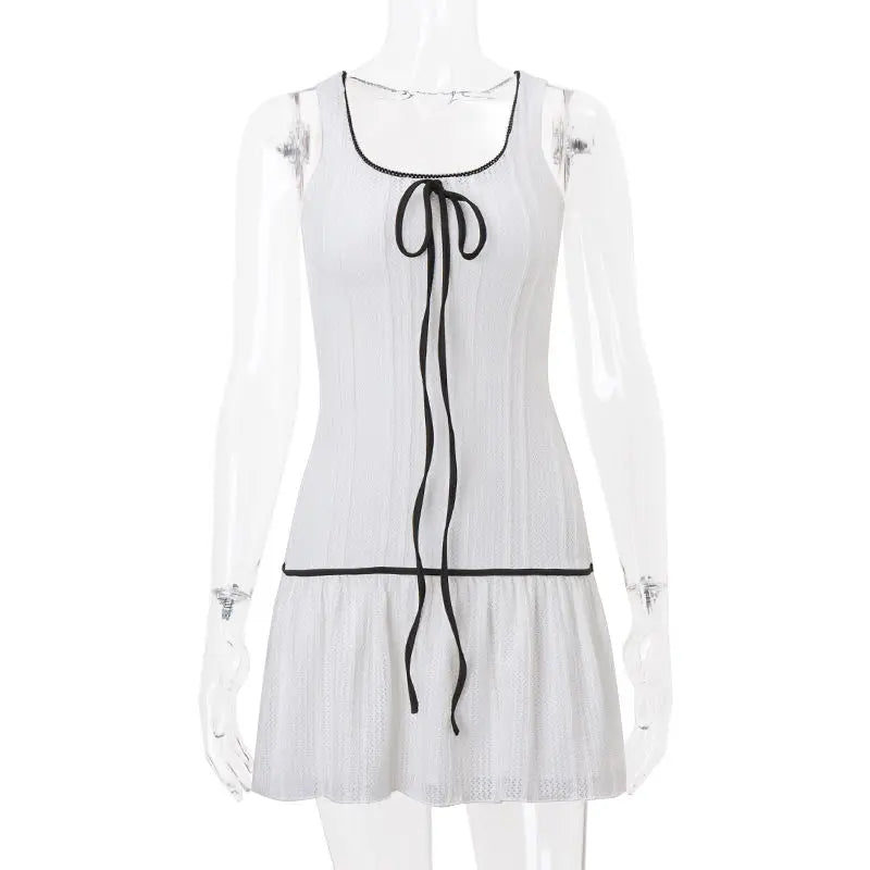White Bow Frill Tank Mini Dress