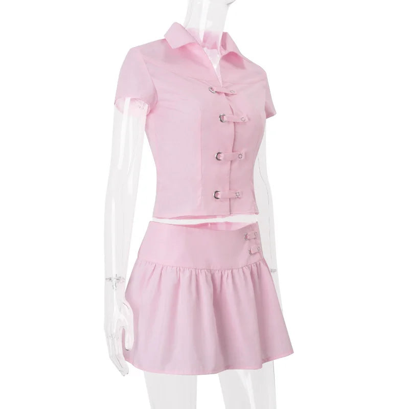 Polo Collar Short Sleeve Top And Mini Skirt Set