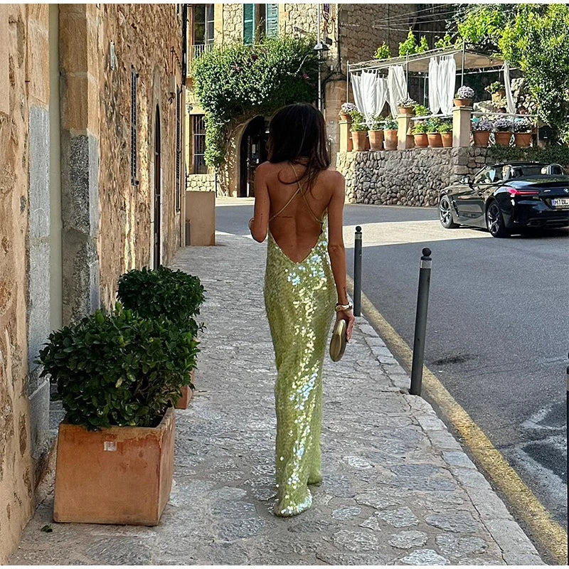 Green Sequin Backless Sling Maxi Dress