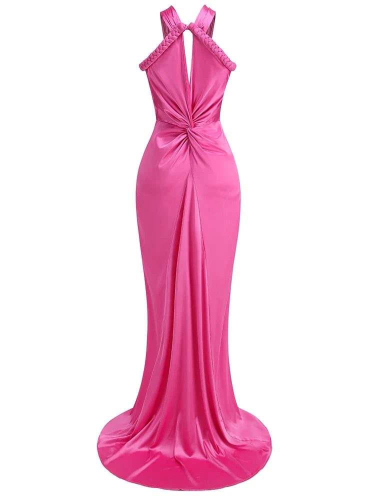 Braided Strap Satin Twisted Maxi Dress