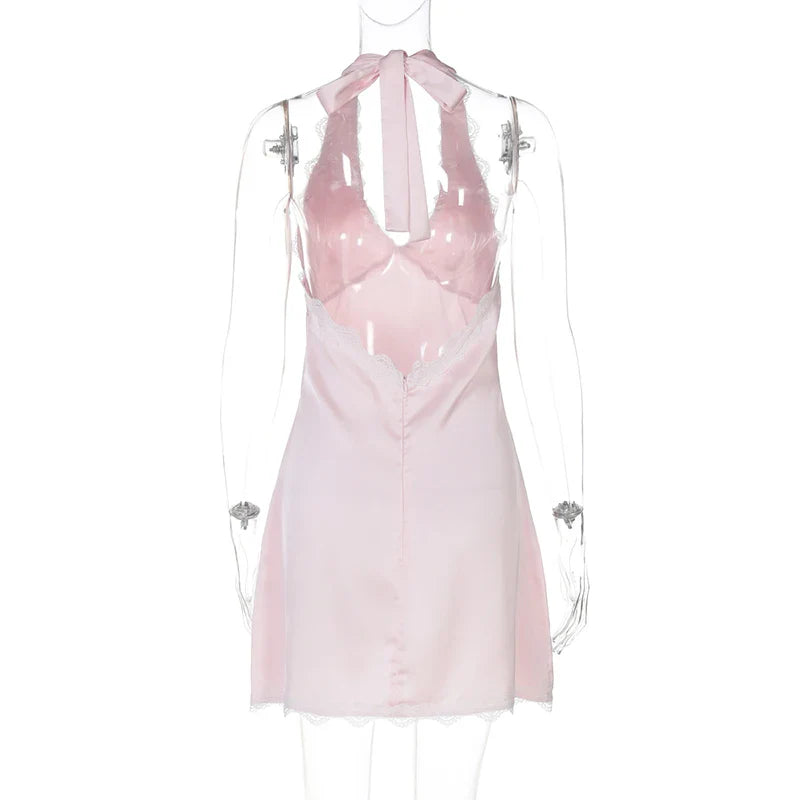 Halter Trim V-Neck Mini Satin Dress