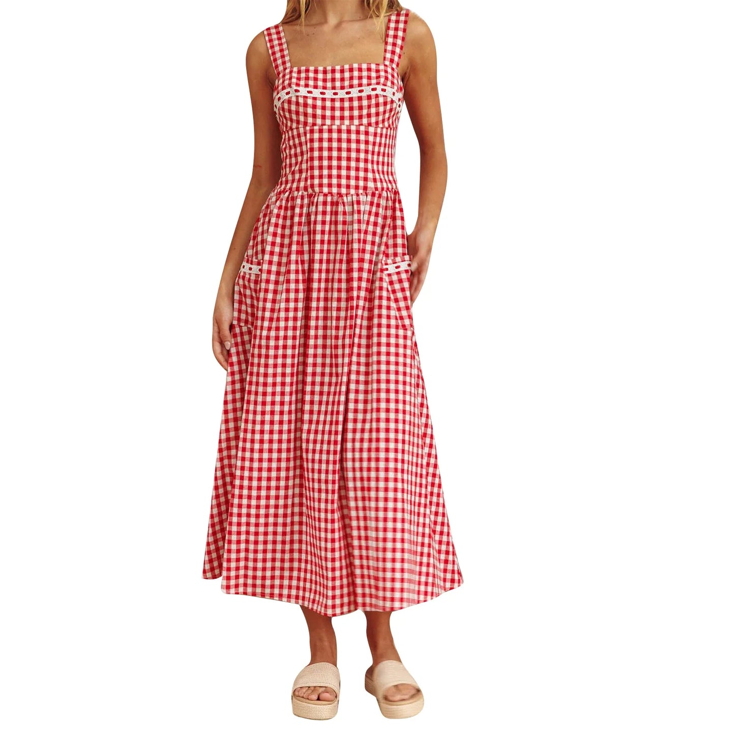 Gingham Strap Pocket Midi Dress