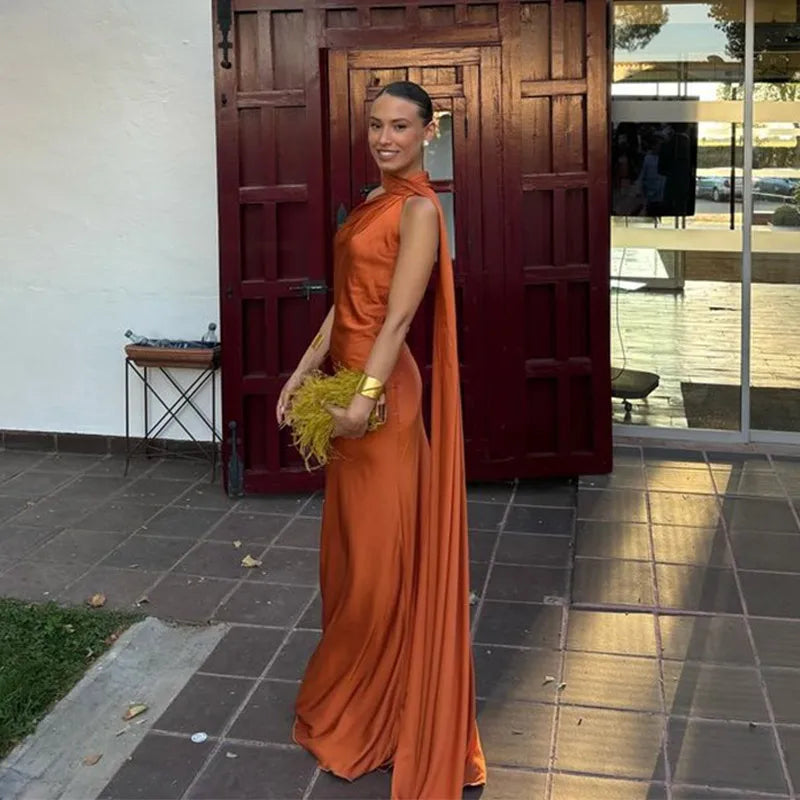 Satin Long Draped Halter Maxi Dress