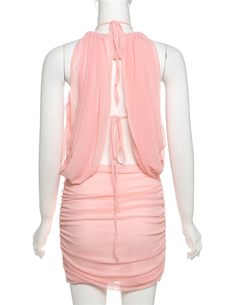 Pink Mesh Puff Mini Dress