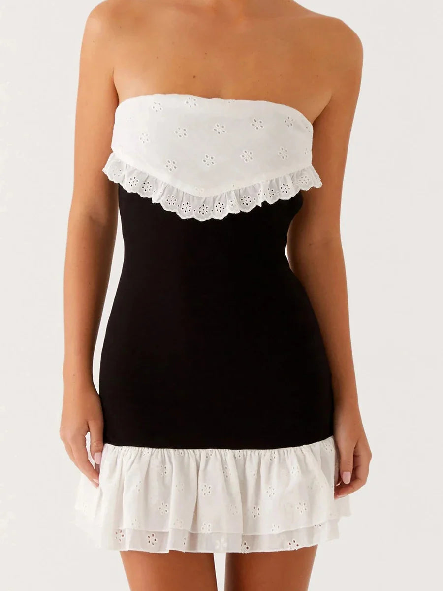 Black Strapless Patchwork Ruffle Hem Mini Dress - A-Line Fit