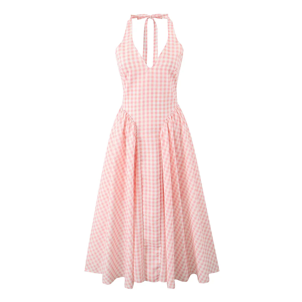 Pink Plaid Bow Halter Midi Dress