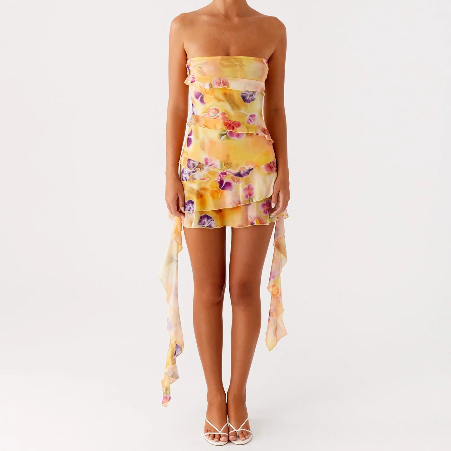 Ruffles Printed Tube Mini Dress