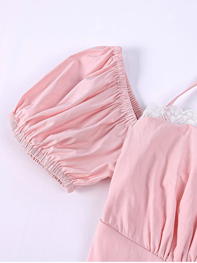 Pink Puff Sleeve Short Lace Trim Mini Dress