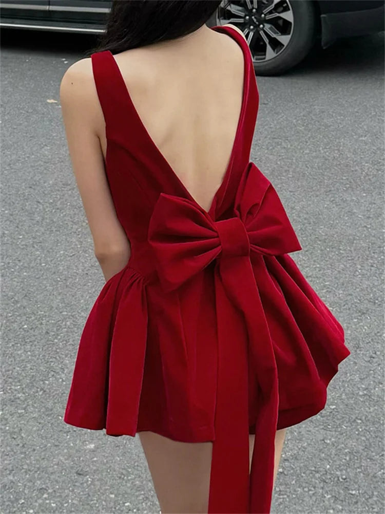 Red Backless V Cut Bow Mink Dress