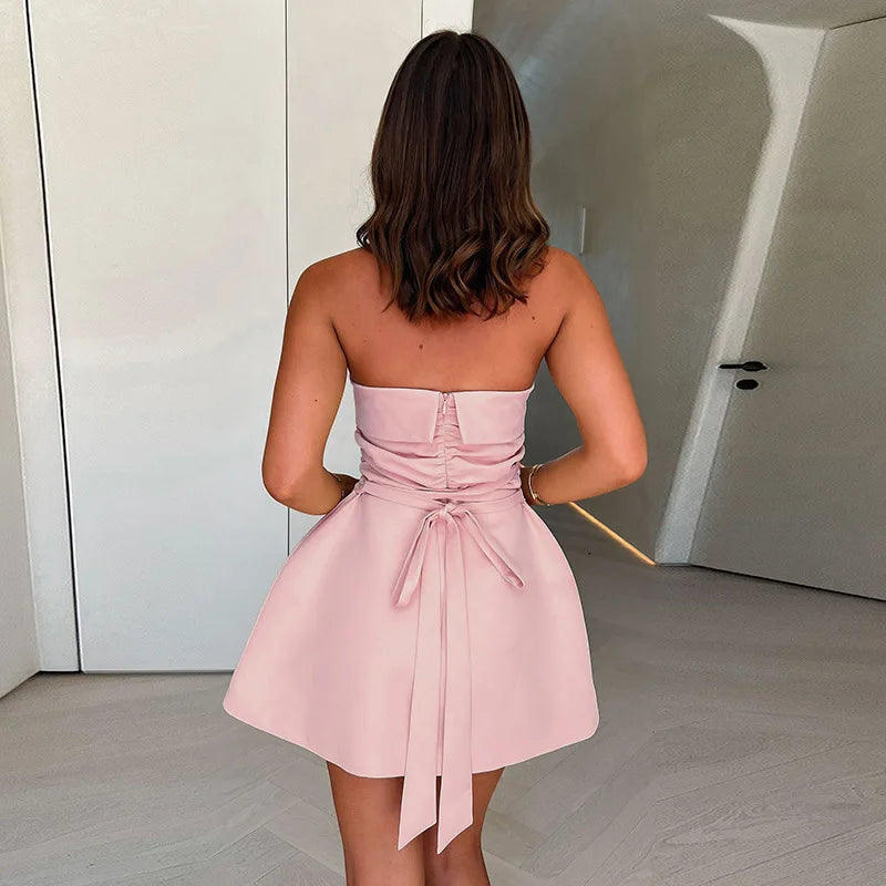 Strapless Ruched Back Tie Up Mini Dress