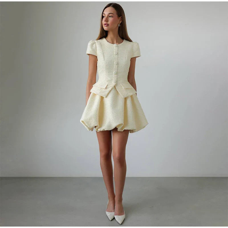 Tweed Puffy Sleeve Shirt And Bubble Skirt Set