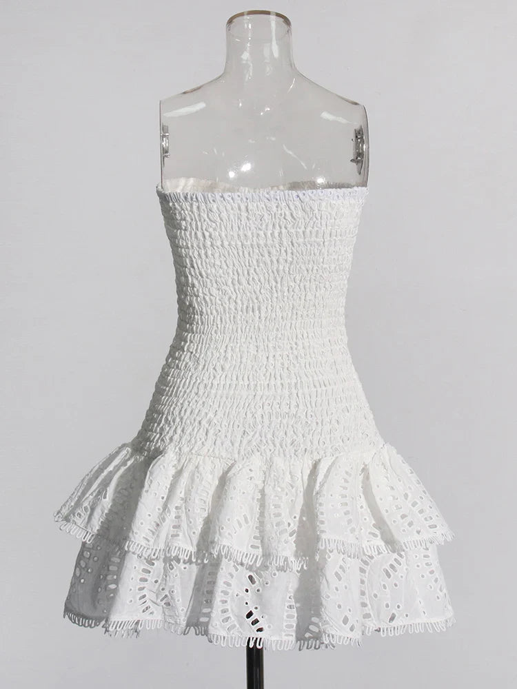 Ruched Strapless Embroidered Frill Mini Dress