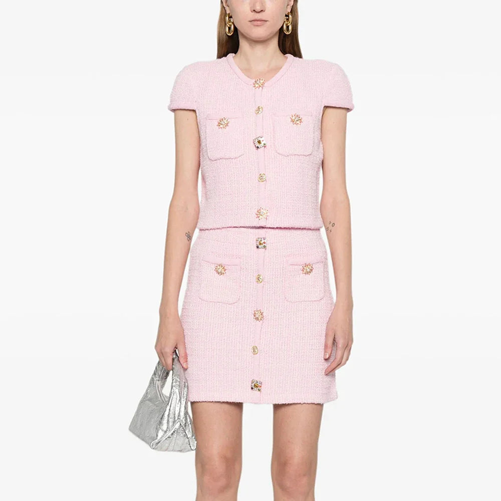 Knit Brooch Short Sleeve Top And Mini Skirt