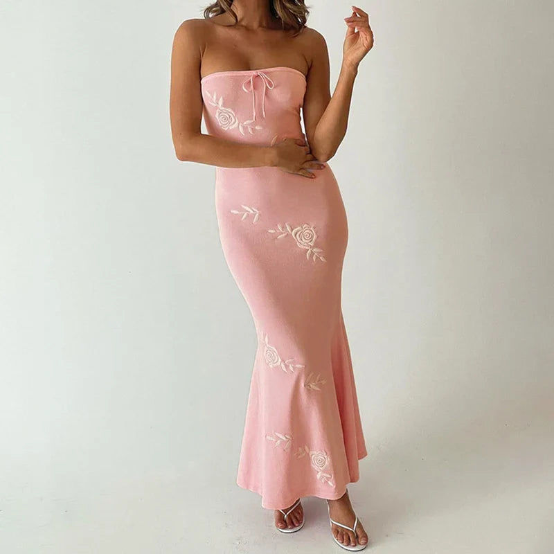 Pink Rose Embroidery Strapless Maxi Dress