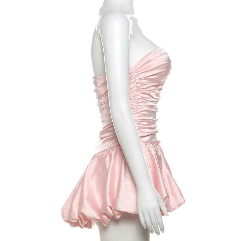 Satin Ruched Puff Mini Dress