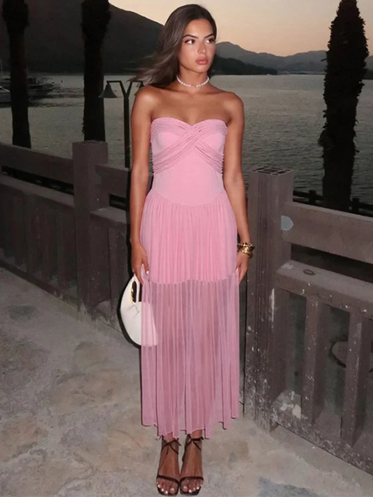 Pink Strapless Mesh Maxi Dress