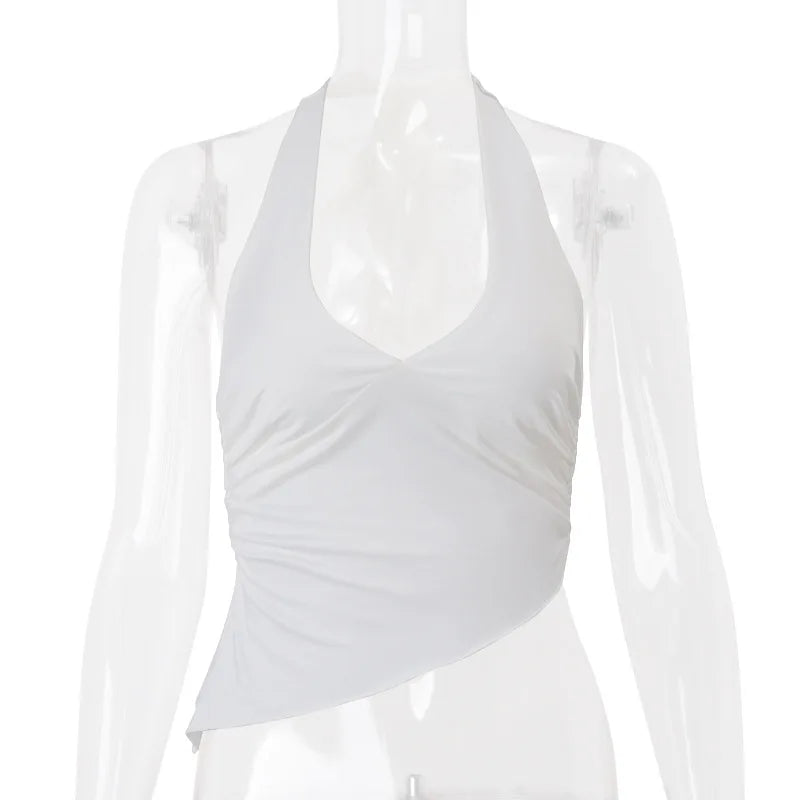 White Solid Halter Asymmetric Crop Top