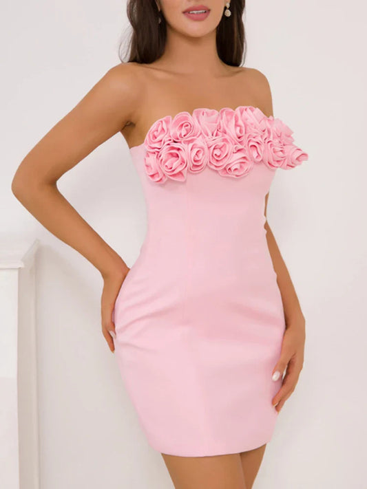 Pink 3D Flowers Sleeveless Mini Dress