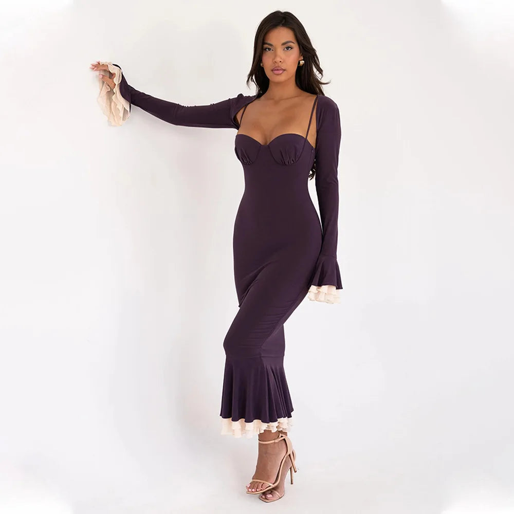 Solid Long Flared Two-piece Crop Sleeve Midi Dress