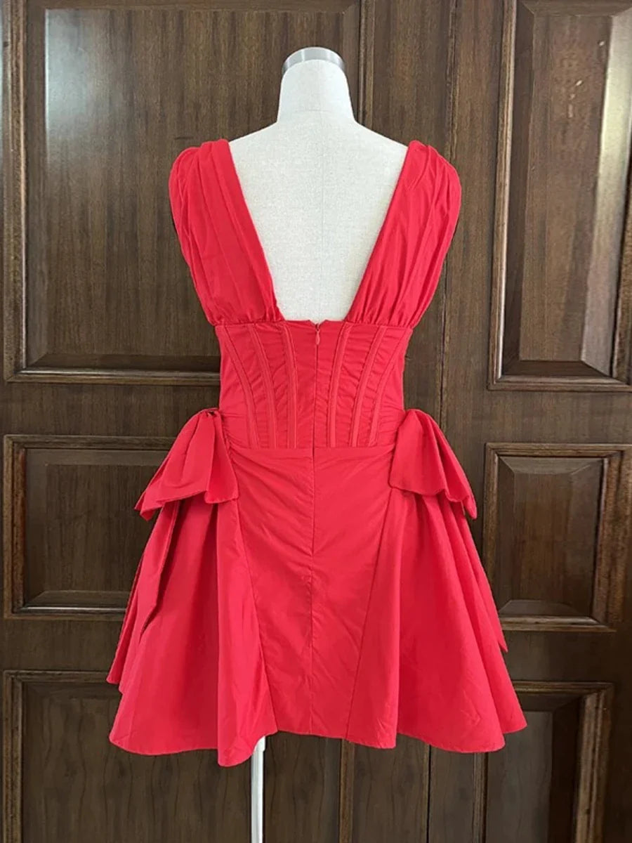Red V-neck Pleated Mini Dress