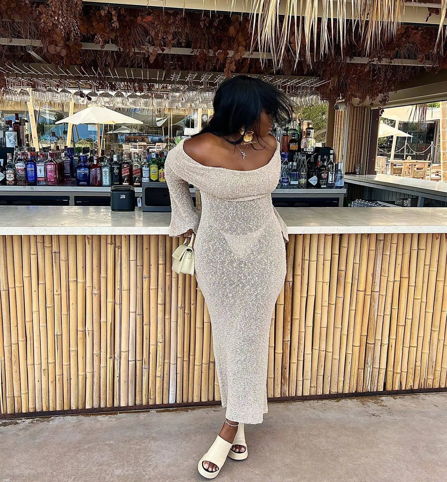 Knit Off-Shoulder Long Sleeve Maxi Dress