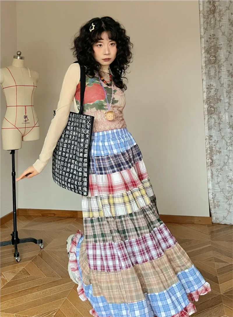 Plaid Patchwork Ruffles Maxi Skirt - Bohemian A-Line