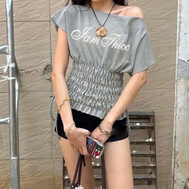 Ruched Drawstring Letter Print Grey Graphic Tee