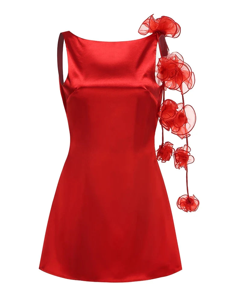 Flower Strap Backless Satin Mini Dress