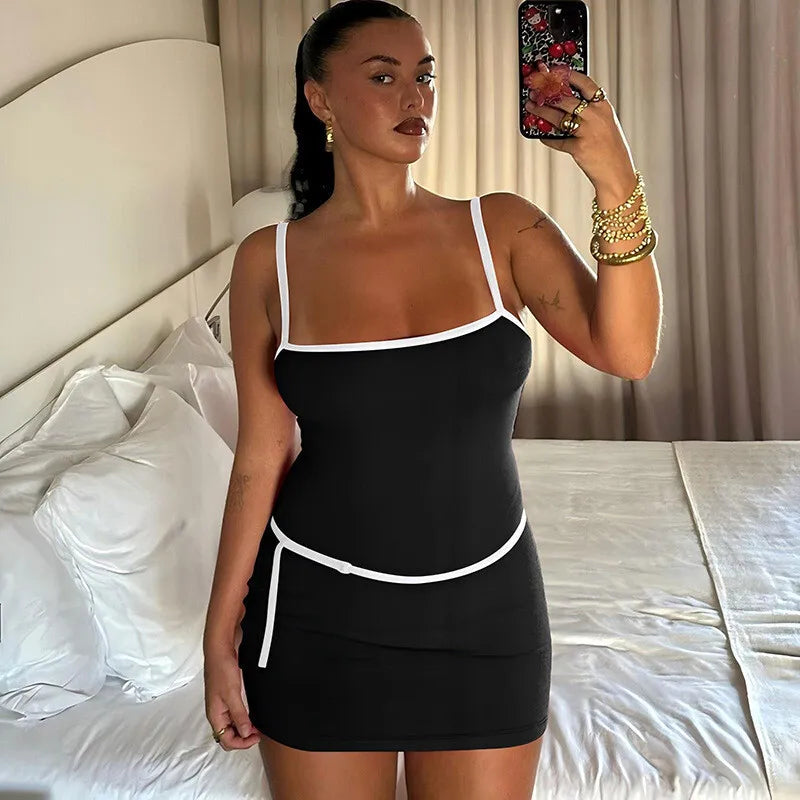 Patchwork Solid Spaghetti Bodycon Dress