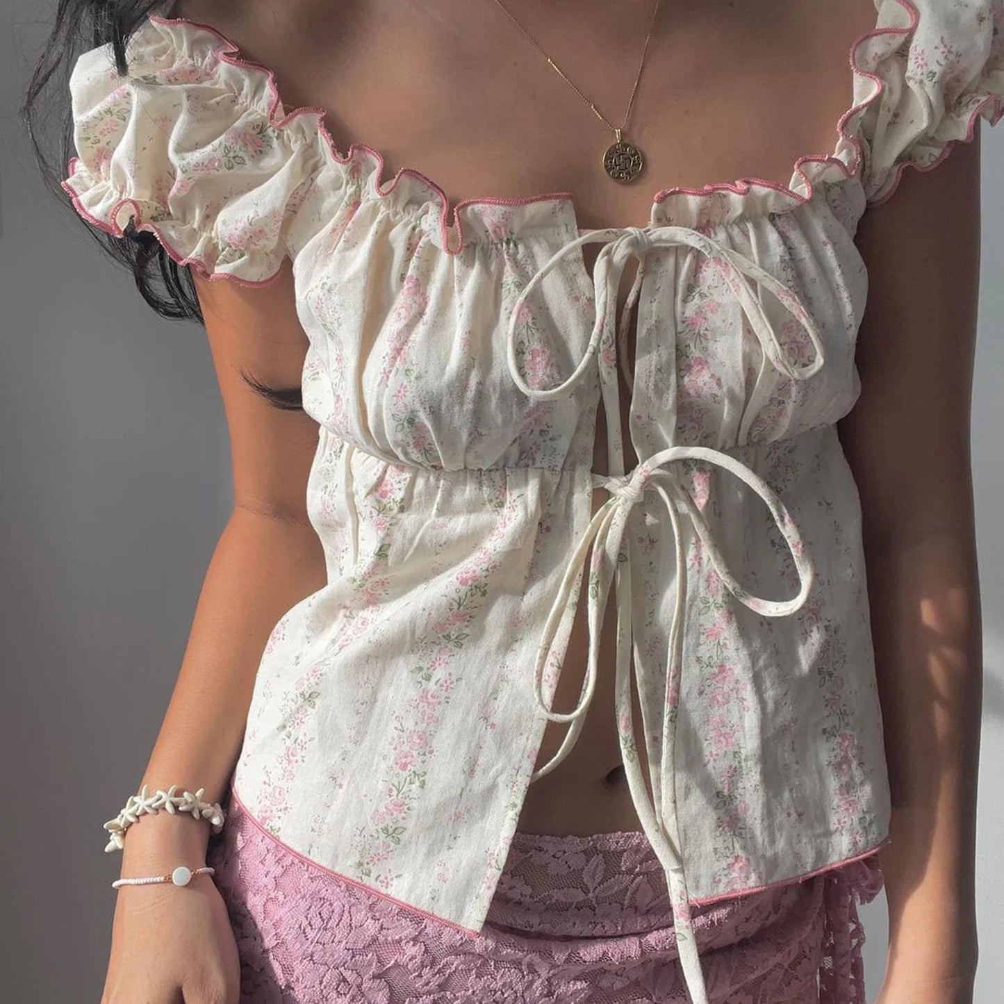 White Puff Sleeve Tie Up Printed Top