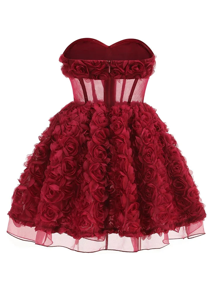 Red Mesh 3d Floral Frill Beaded Strapless Mini Dress