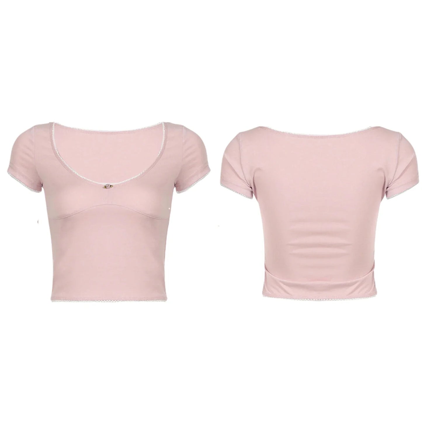 Short Sleeve Lace Trim Scoop Neck with Bow Top