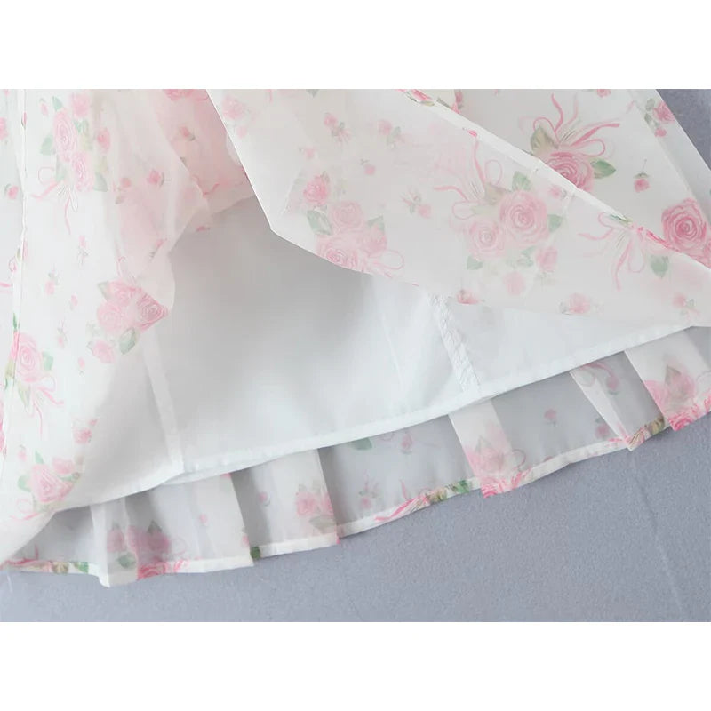 Pink Floral Bow Mesh Cami Mini Dress