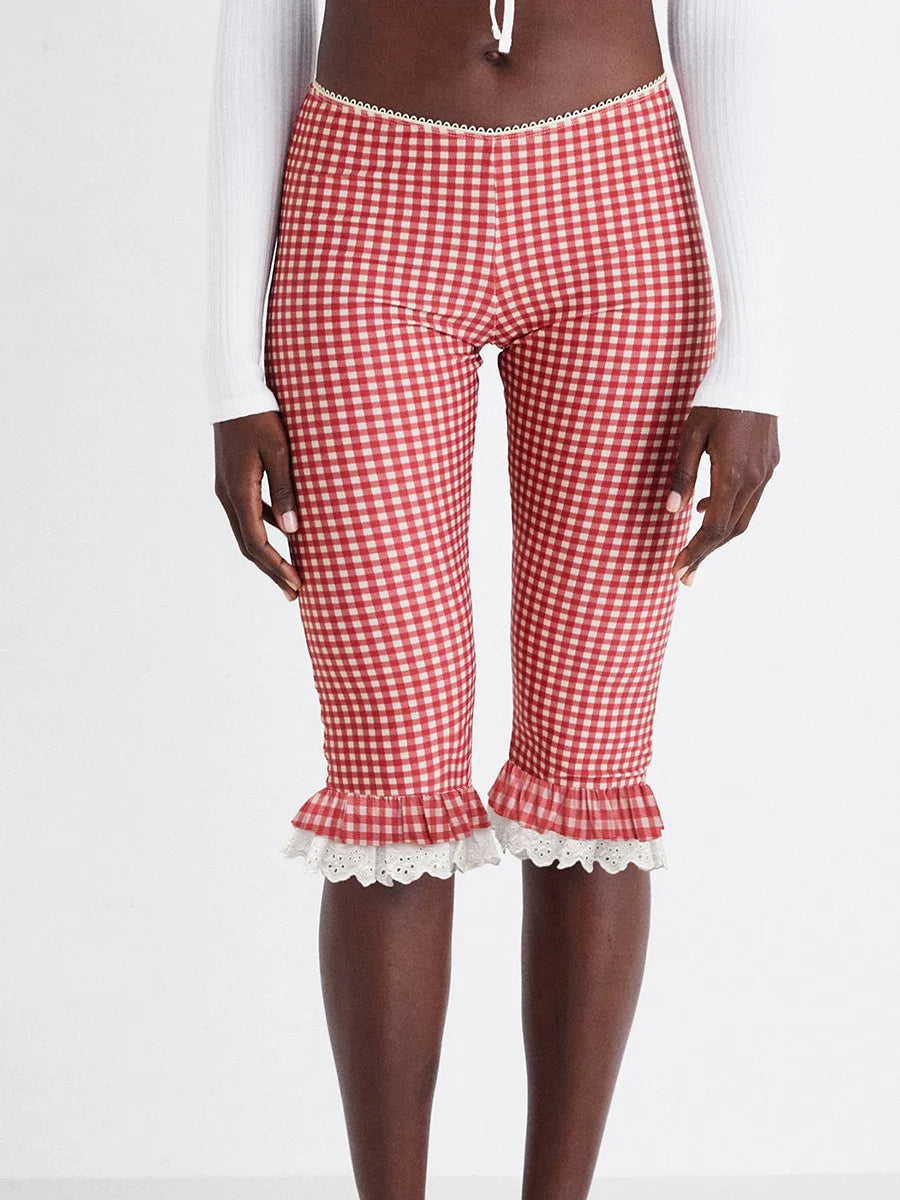 Plaid Lace Trim Capri Leggings