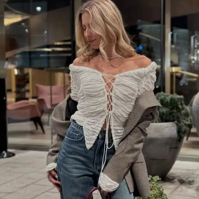 White Lace Up Gathered Top